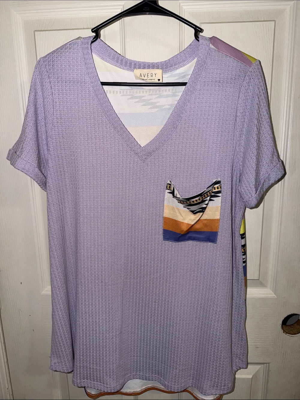 Avery Lavender V-Neck Short Sleeve Tee with Striped Pocket